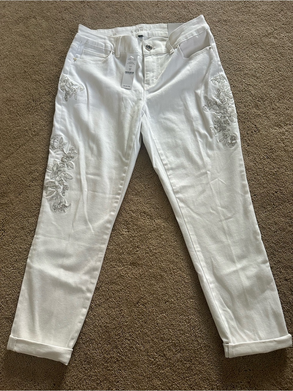 White House Black Market White Ankle Jeans with Silver Floral Embroidery